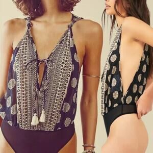 NEW Free People Soul of the Sun Sleeves Cottagecore Boho Bodysuit Black Combo XL